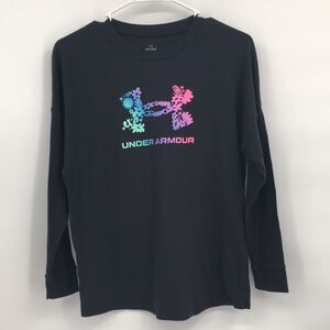 Under Armour Black Long Sleeve Shirt Youth Large YLG Colorful Logo Raglan Sleeve